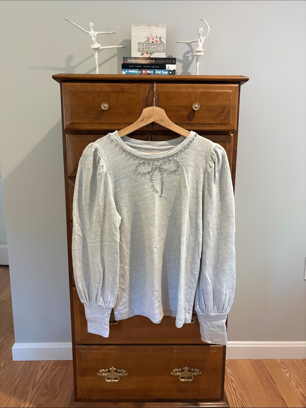 LOFT Light Gray Beaded Puff-Sleeve Crewneck Sweater